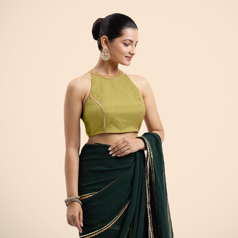Zubeida x Tyohaar Saree Blouse, in Yellow Vegan Silk, featuring sleeveless and halter neckline, made for party & festive.