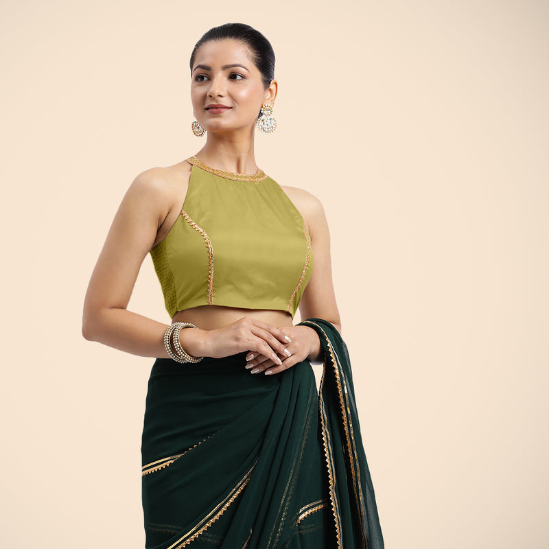 Zubeida x Tyohaar | Lemon Yellow Halterneck FlexiFit™ Saree Blouse with Elegant Golden Gota Embellishment on Princess Line-Binks