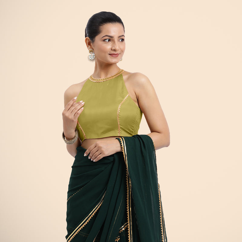 Zubeida x Tyohaar | Lemon Yellow Halterneck FlexiFit™ Saree Blouse with Elegant Golden Gota Embellishment on Princess Line-Binks