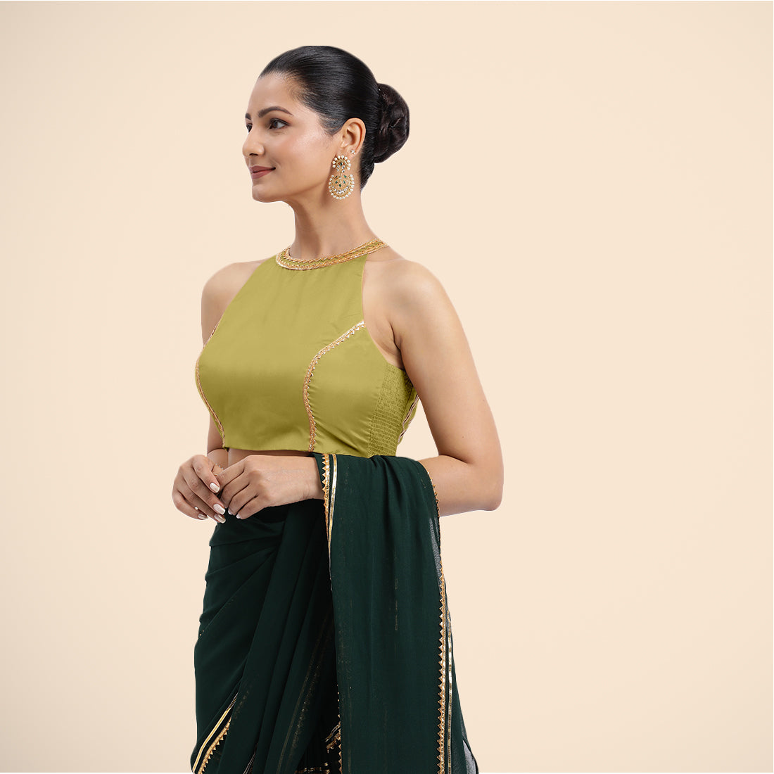 Zubeida x Tyohaar Saree Blouse, in Yellow Vegan Silk, featuring sleeveless and halter neckline, made for party & festive.