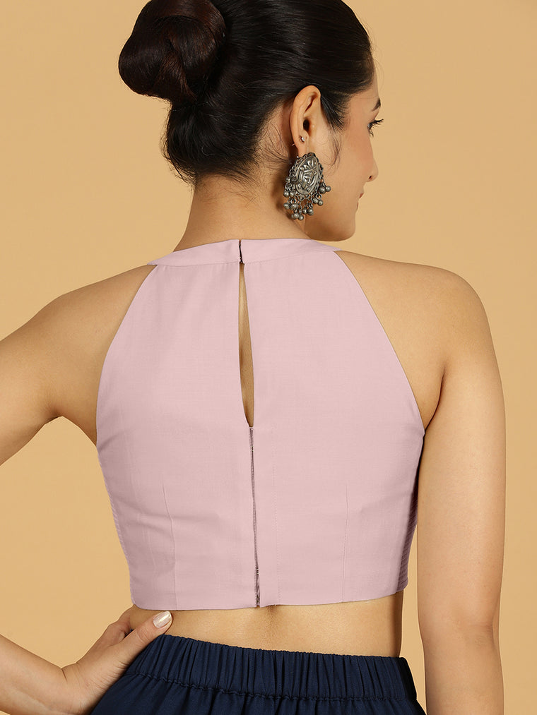 Zubeida x Rozaana Saree Blouse, in Pink Viscose, featuring sleeveless and halter neckline, made for daily & work (view 2).
