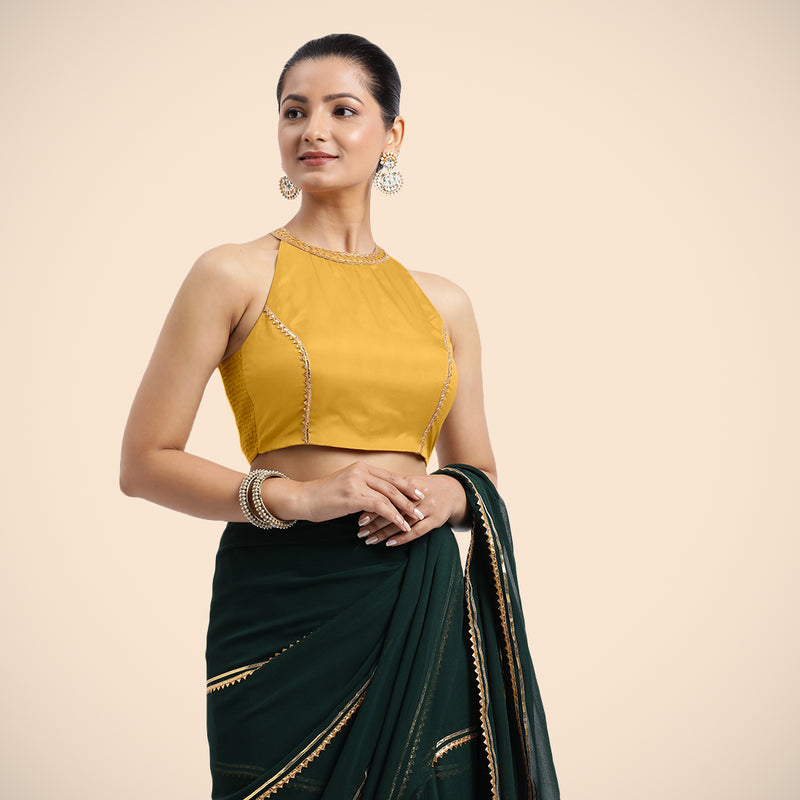 Zubeida x Tyohaar | Sleeveless Marigold Yellow FlexiFit™ Gota Embellished Saree Blouse with Halter Neck-Binks