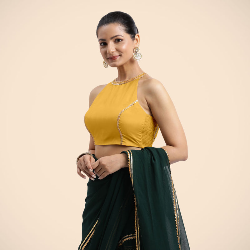 Zubeida x Tyohaar | Sleeveless Marigold Yellow FlexiFit™ Gota Embellished Saree Blouse with Halter Neck-Binks