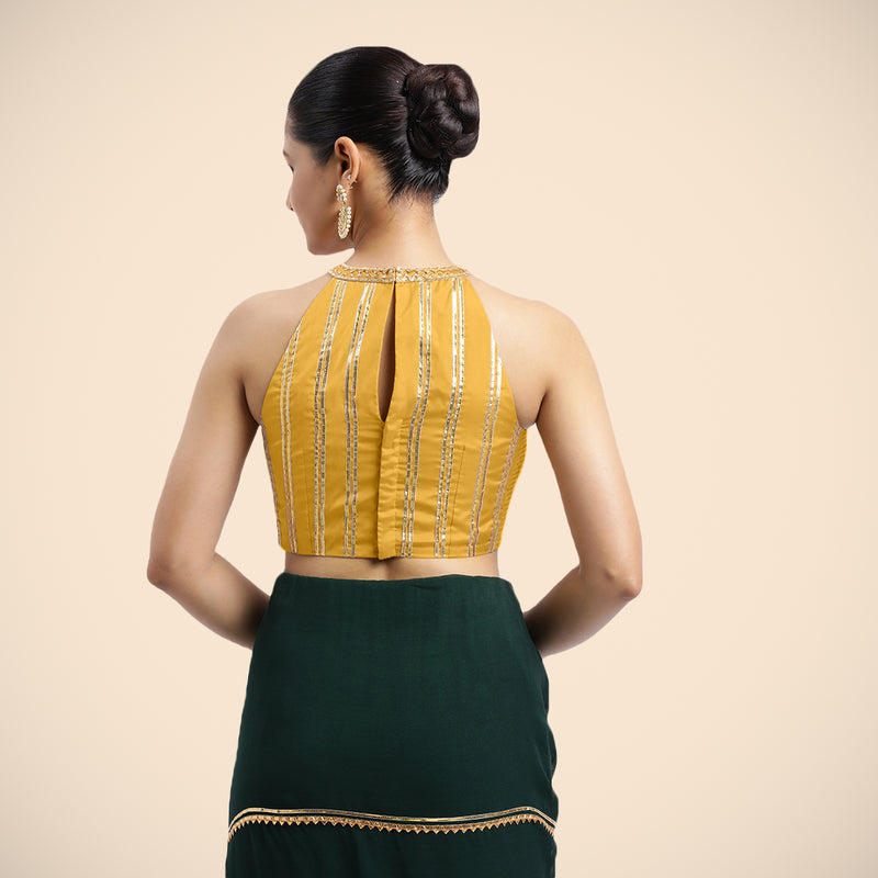 Zubeida x Tyohaar | Sleeveless Marigold Yellow FlexiFit™ Gota Embellished Saree Blouse with Halter Neck-Binks