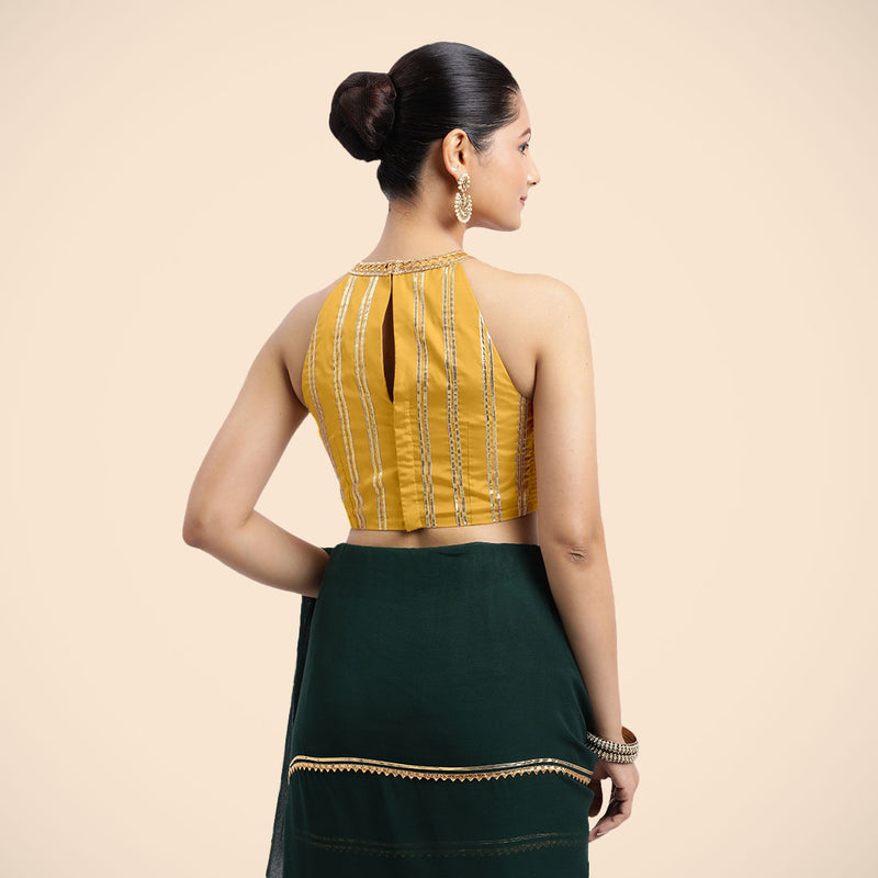 Zubeida x Tyohaar | Sleeveless Marigold Yellow FlexiFit™ Gota Embellished Saree Blouse with Halter Neck-Binks
