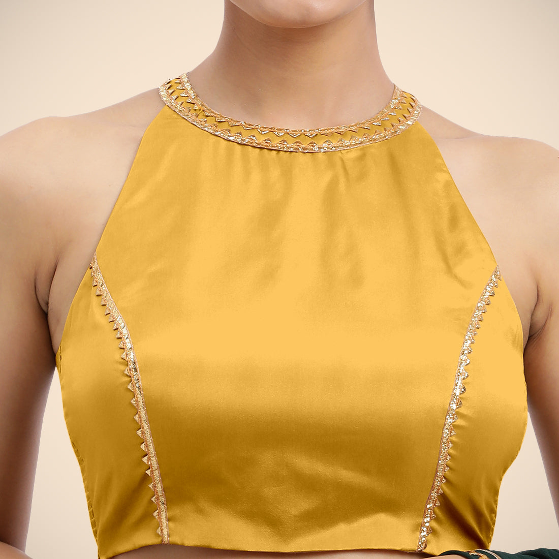 Zubeida x Tyohaar Saree Blouse, in Yellow Vegan Silk, featuring sleeveless and halter neckline, made for party & festive.