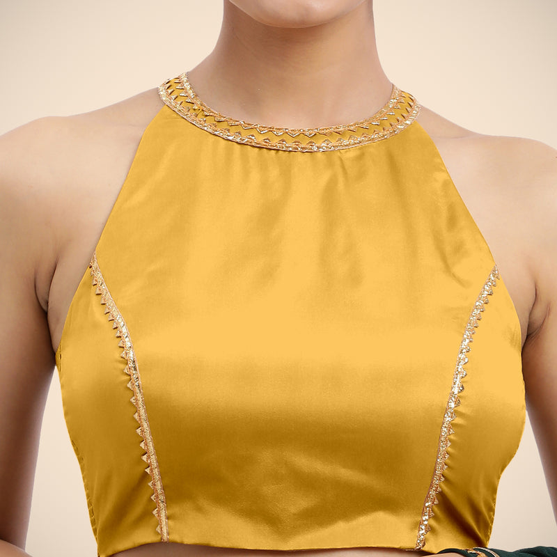 Zubeida x Tyohaar | Sleeveless Marigold Yellow FlexiFit™ Gota Embellished Saree Blouse with Halter Neck-Binks