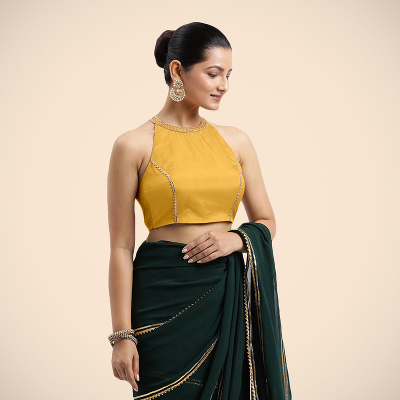 Zubeida x Tyohaar | Sleeveless Marigold Yellow FlexiFit™ Gota Embellished Saree Blouse with Halter Neck-Binks