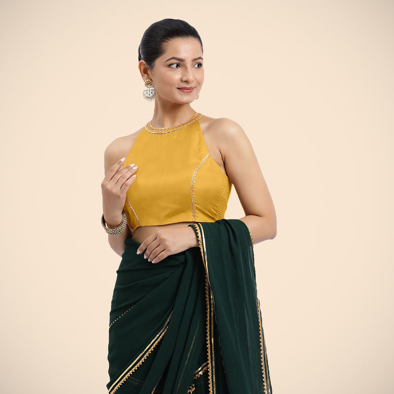 Zubeida x Tyohaar | Sleeveless Marigold Yellow FlexiFit™ Gota Embellished Saree Blouse with Halter Neck-Binks