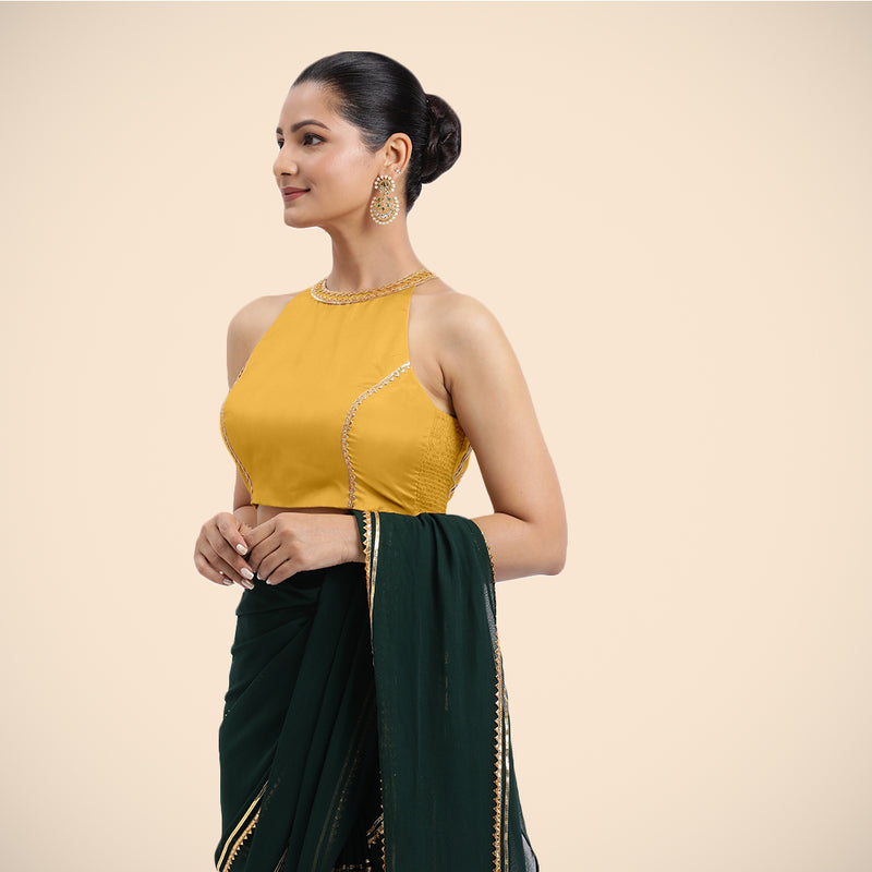Zubeida x Tyohaar | Sleeveless Marigold Yellow FlexiFit™ Gota Embellished Saree Blouse with Halter Neck-Binks