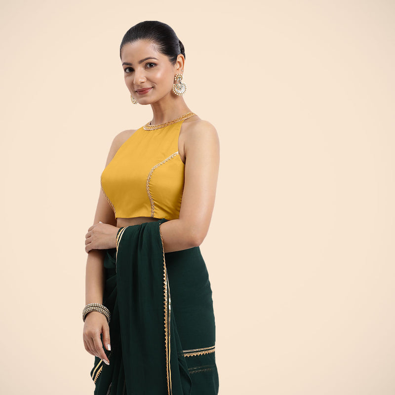 Zubeida x Tyohaar | Sleeveless Marigold Yellow FlexiFit™ Gota Embellished Saree Blouse with Halter Neck-Binks