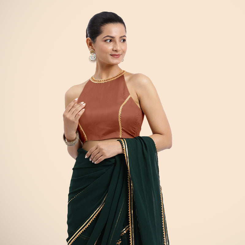 Zubeida x Tyohaar | Metallic Copper Halterneck FlexiFit™ Saree Blouse with Elegant Golden Gota Embellishment on Princess Line-Binks