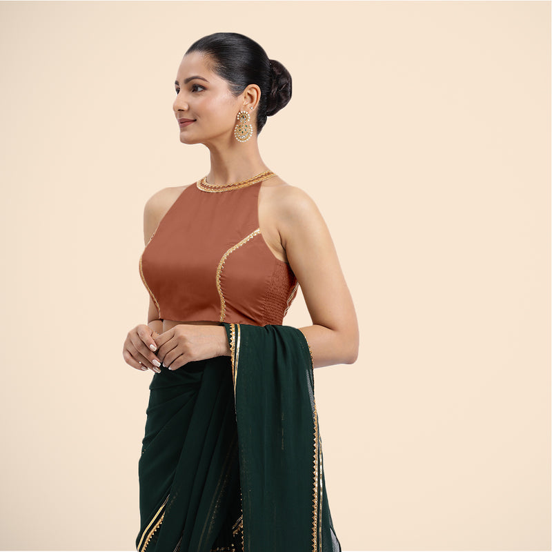 Zubeida x Tyohaar | Metallic Copper Halterneck FlexiFit™ Saree Blouse with Elegant Golden Gota Embellishment on Princess Line-Binks