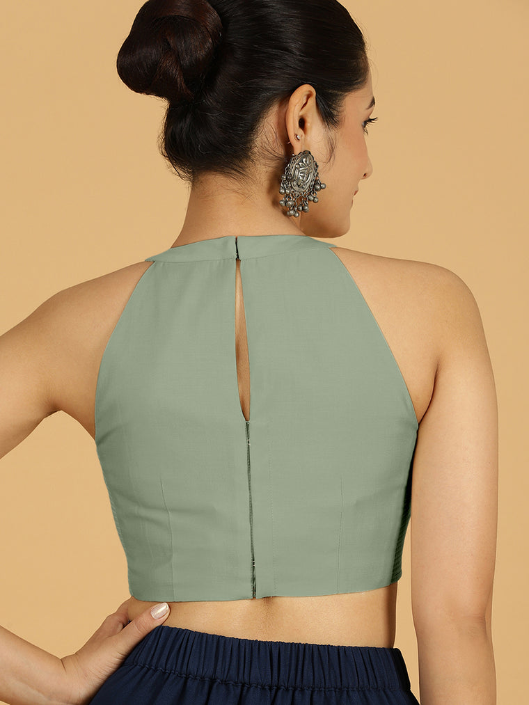 Zubeida x Rozaana Saree Blouse, in Green Viscose, featuring sleeveless and halter neckline, made for daily & work (view 2).