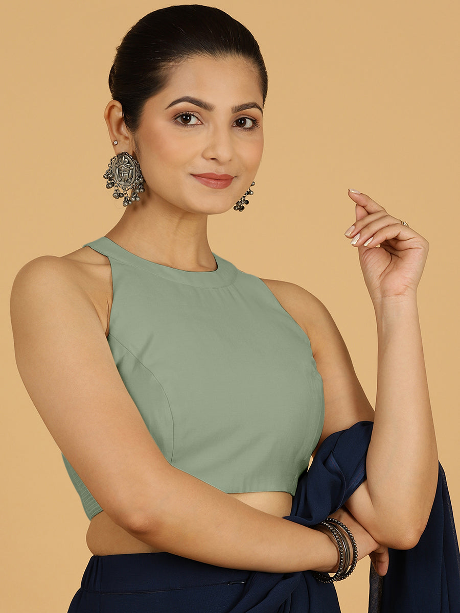 Zubeida x Rozaana Saree Blouse, in Green Viscose, featuring sleeveless and halter neckline, made for daily & work (view 8).