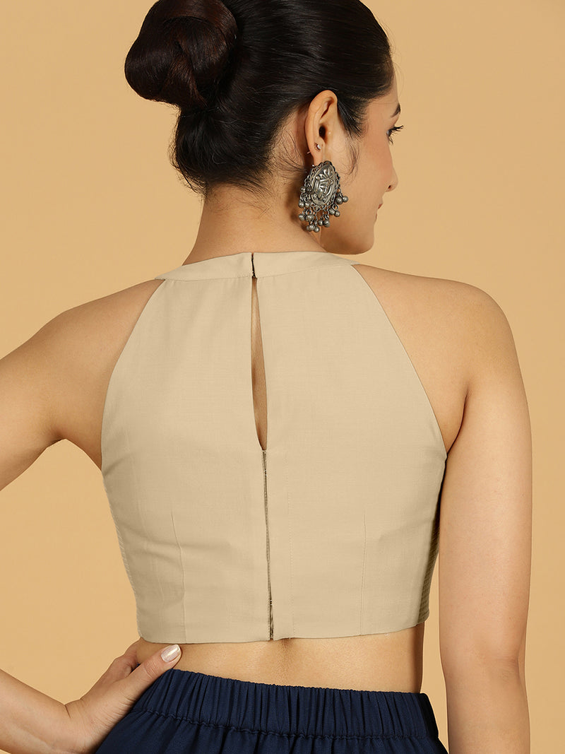 Zubeida x Rozaana | Oyster Grey Sleeveless Halter Neck Saree Blouse-Binks