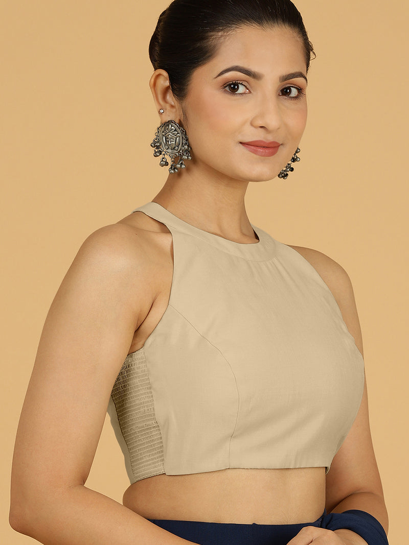 Zubeida x Rozaana | Oyster Grey Sleeveless Halter Neck Saree Blouse-Binks