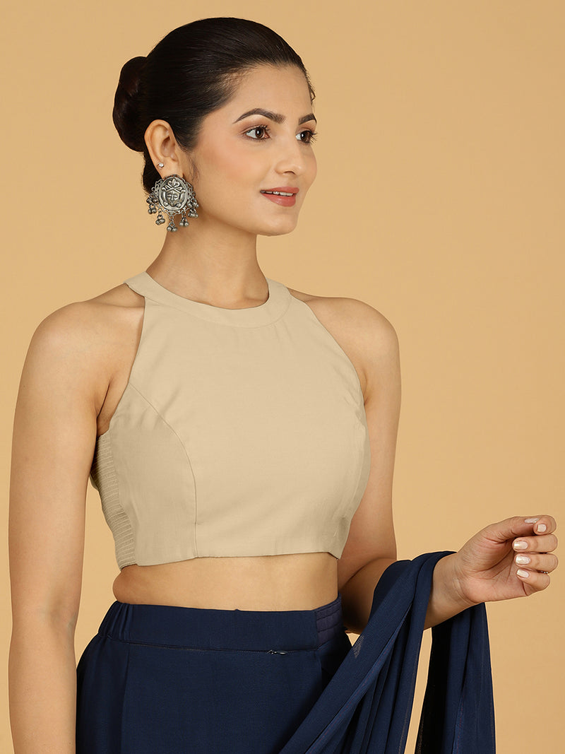 Zubeida x Rozaana | Oyster Grey Sleeveless Halter Neck Saree Blouse-Binks
