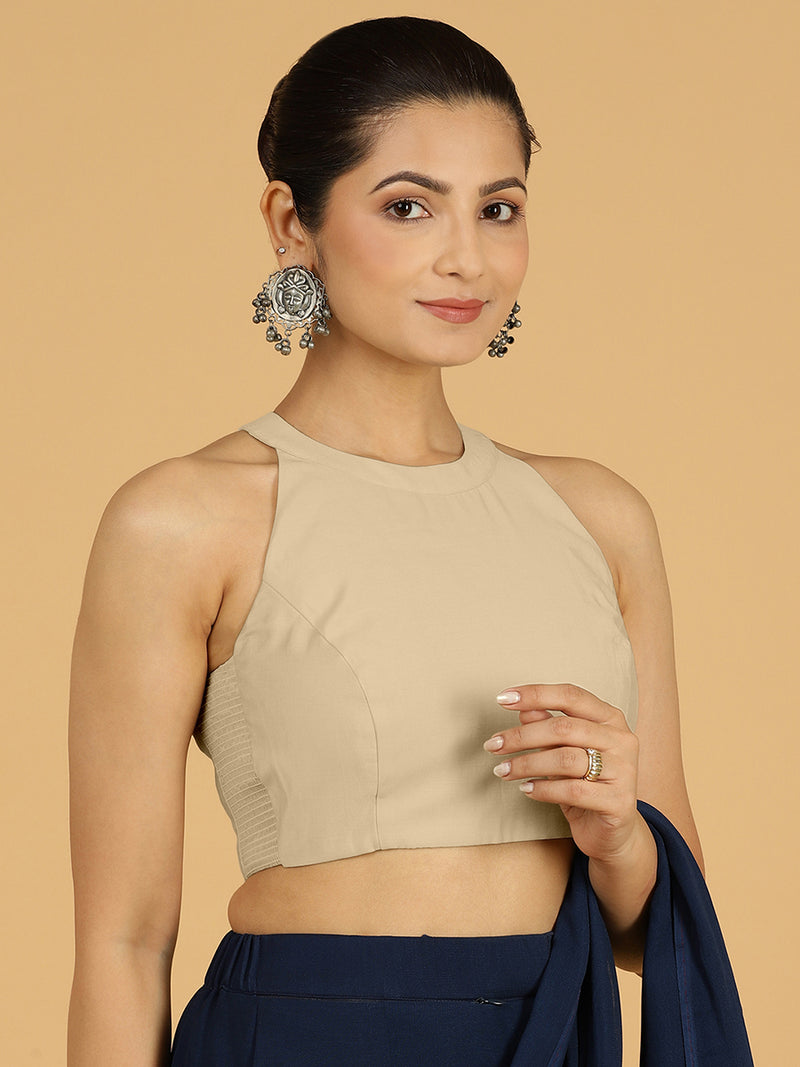 Zubeida x Rozaana | Oyster Grey Sleeveless Halter Neck Saree Blouse-Binks