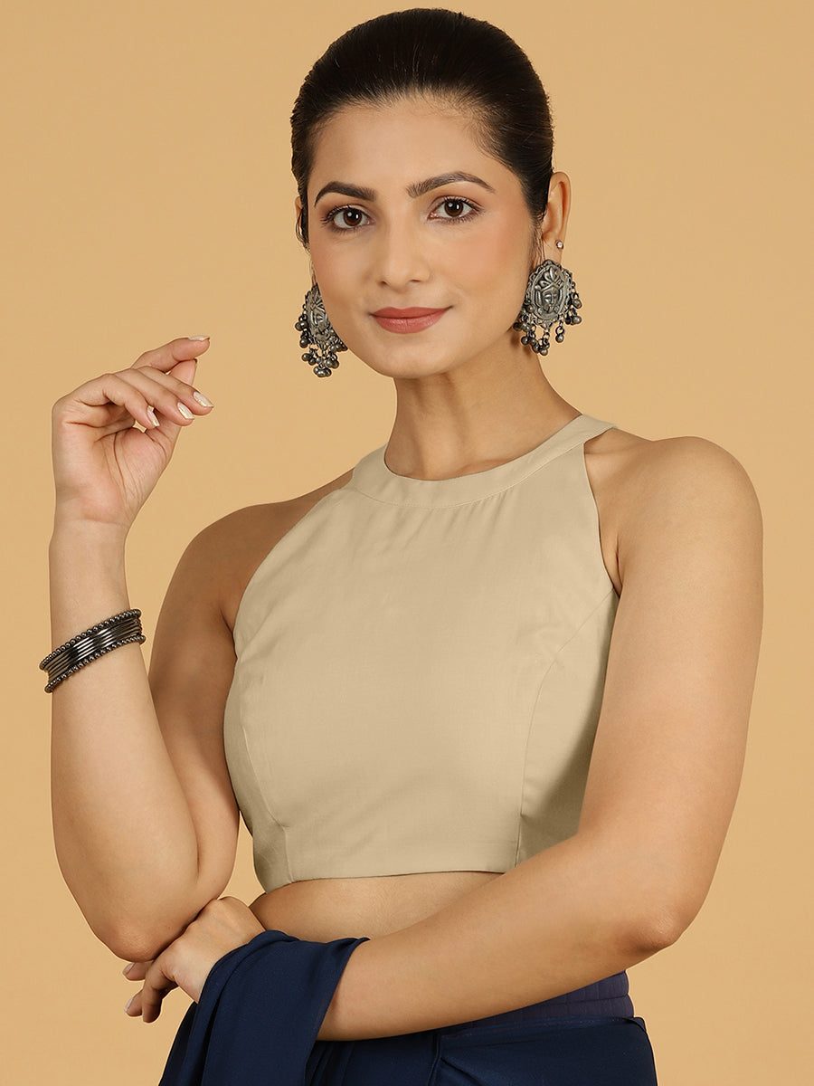 Zubeida x Rozaana Saree Blouse, in Grey Viscose, featuring sleeveless and halter neckline, made for daily & work (view 8).