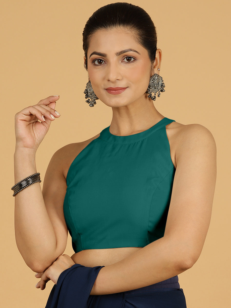 Zubeida x Rozaana Saree Blouse, in Green Viscose, featuring sleeveless and halter neckline, made for daily & work (view 7).