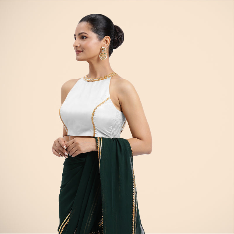 Zubeida x Tyohaar | Pearl White Halterneck FlexiFit™ Saree Blouse with Elegant Golden Gota Embellishment on Princess Line-Binks
