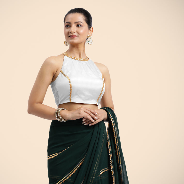 Zubeida x Tyohaar Saree Blouse, in White Vegan Silk, featuring sleeveless and halter neckline, made for party & festive.
