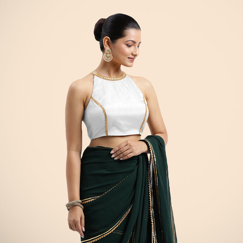 Zubeida x Tyohaar | Pearl White Halterneck FlexiFit™ Saree Blouse with Elegant Golden Gota Embellishment on Princess Line-Binks
