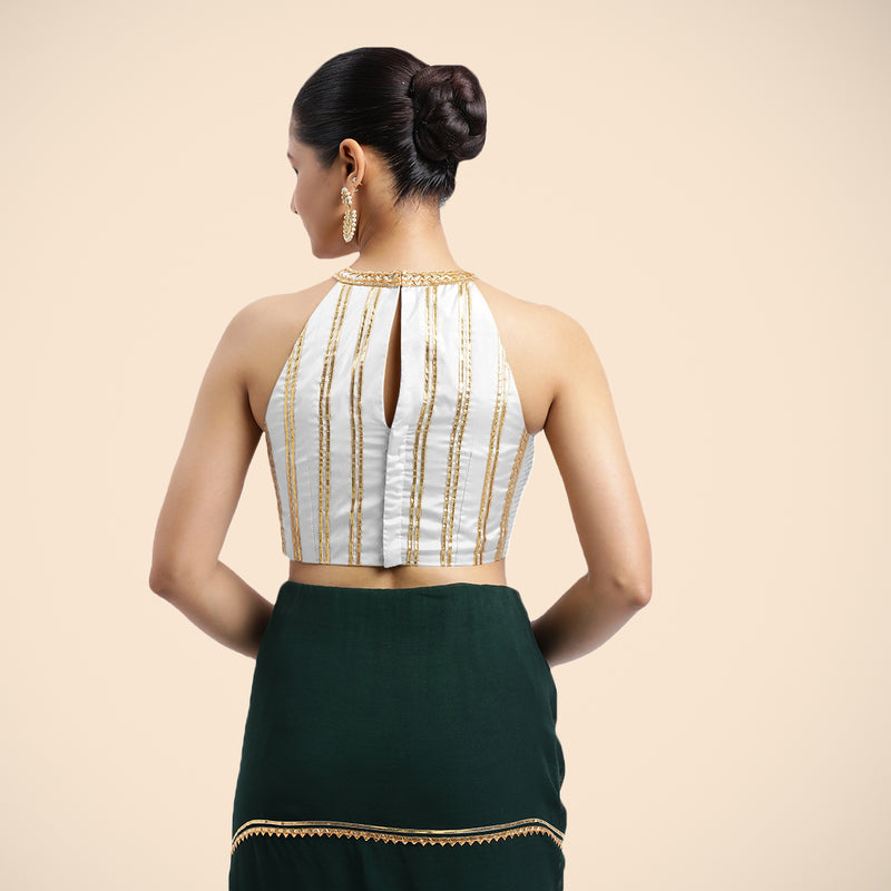 Zubeida x Tyohaar | Pearl White Halterneck FlexiFit™ Saree Blouse with Elegant Golden Gota Embellishment on Princess Line-Binks