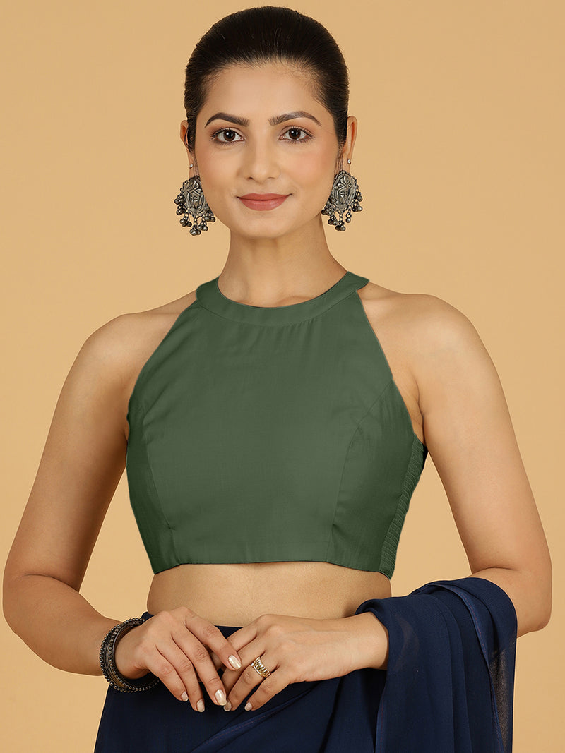 Zubeida x Rozaana | Pine Green Sleeveless Halter Neck Saree Blouse-Binks