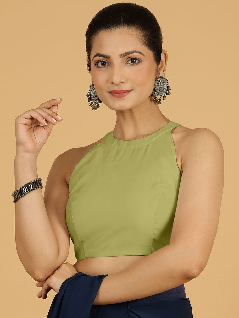 Zubeida x Rozaana Saree Blouse, in Green Viscose, featuring sleeveless and halter neckline, made for daily & work.