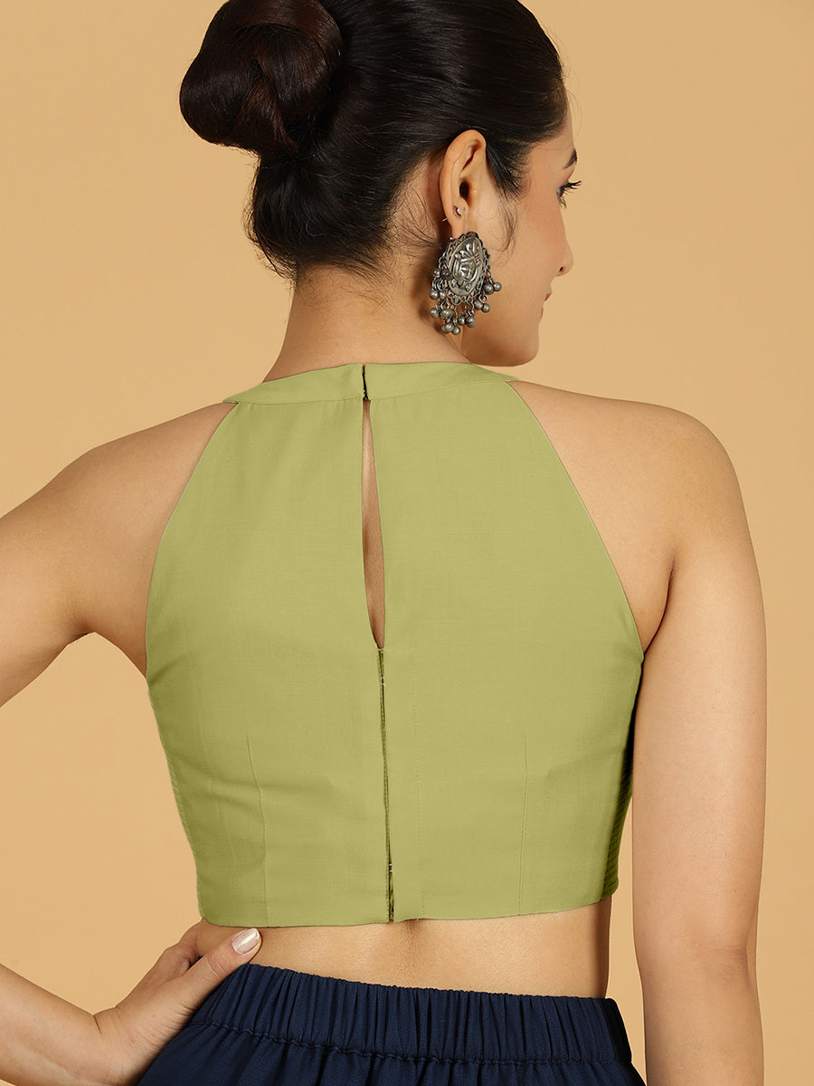 Zubeida x Rozaana Saree Blouse, in Green Viscose, featuring sleeveless and halter neckline, made for daily & work (view 2).