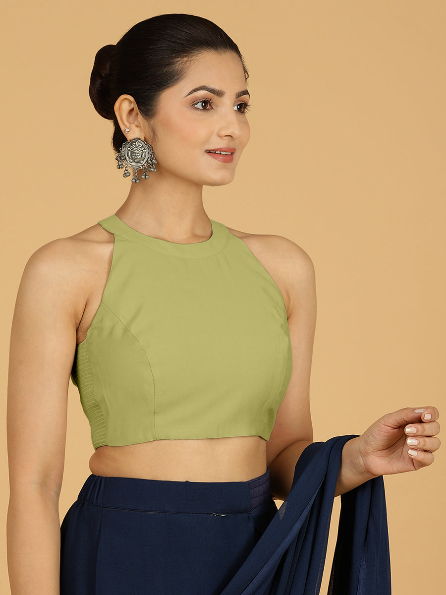 Zubeida x Rozaana Saree Blouse, in Green Viscose, featuring sleeveless and halter neckline, made for daily & work (view 6).