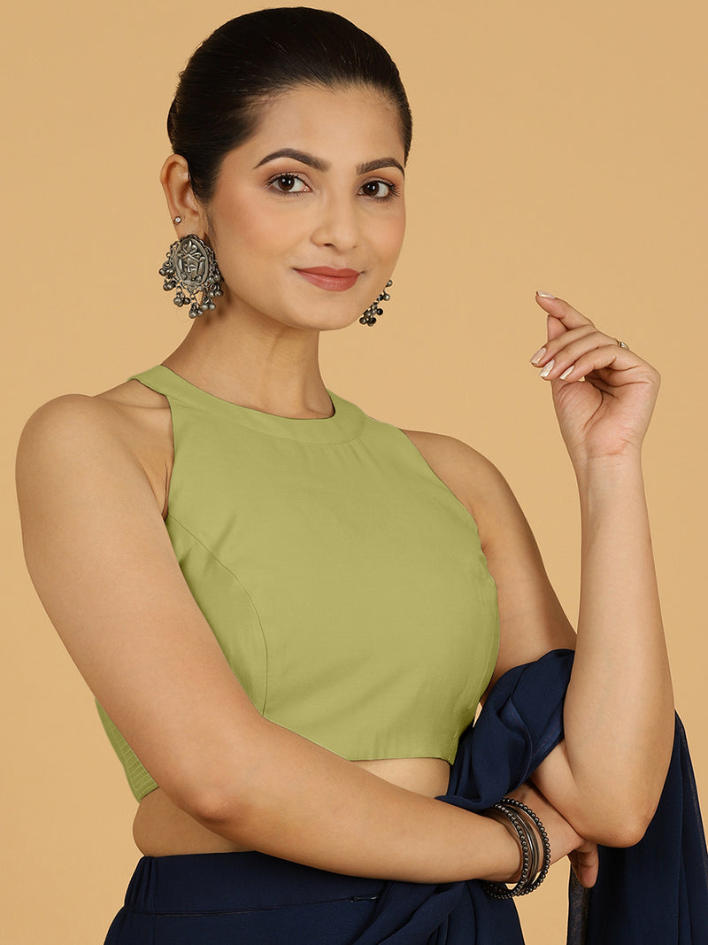 Zubeida x Rozaana | Pista Green Sleeveless Halter Neck Saree Blouse-Binks