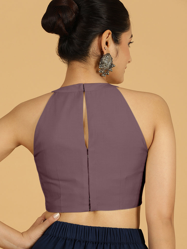 Zubeida x Rozaana Saree Blouse, in Purple Viscose, featuring sleeveless and halter neckline, made for daily & work (view 2).