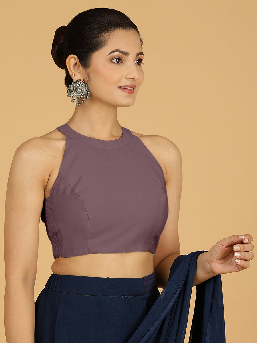 Zubeida x Rozaana Saree Blouse, in Purple Viscose, featuring sleeveless and halter neckline, made for daily & work (view 6).