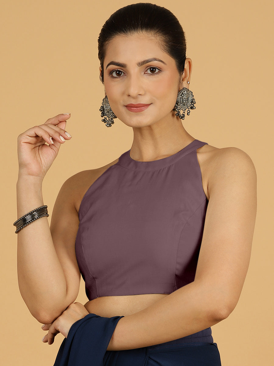Zubeida x Rozaana Saree Blouse, in Purple Viscose, featuring sleeveless and halter neckline, made for daily & work (view 8).