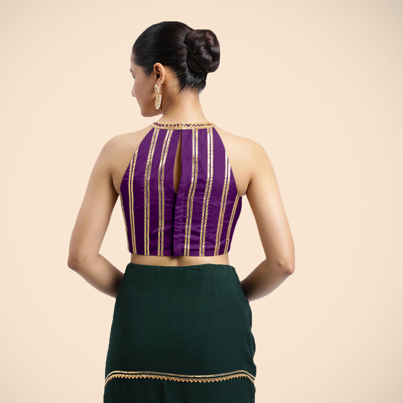 Zubeida x Tyohaar | Purple Halterneck FlexiFit™ Saree Blouse with Elegant Golden Gota Embellishment on Princess Line-Binks