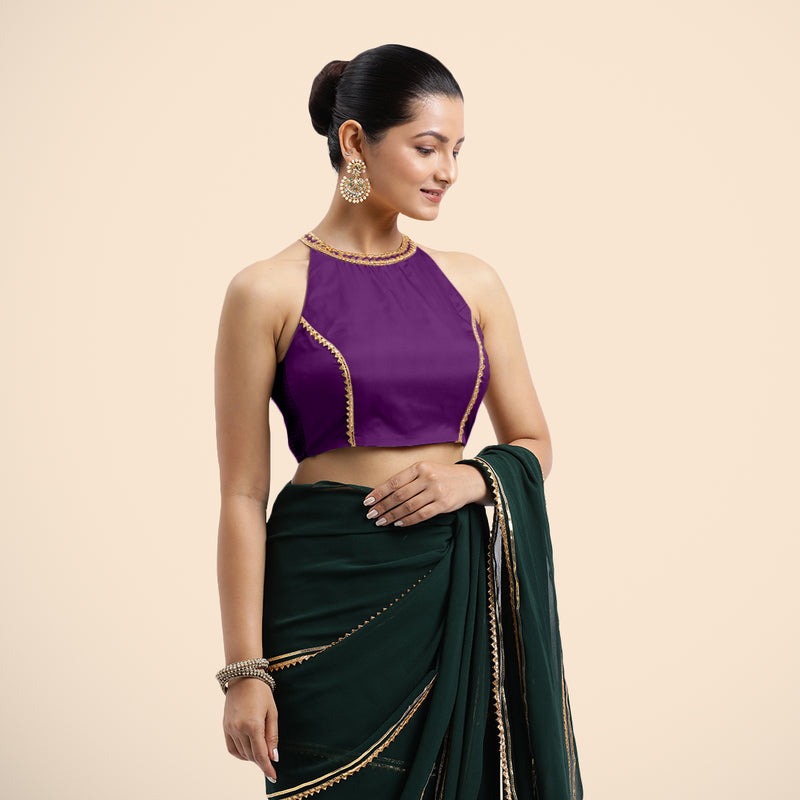 Zubeida x Tyohaar | Purple Halterneck FlexiFit™ Saree Blouse with Elegant Golden Gota Embellishment on Princess Line-Binks
