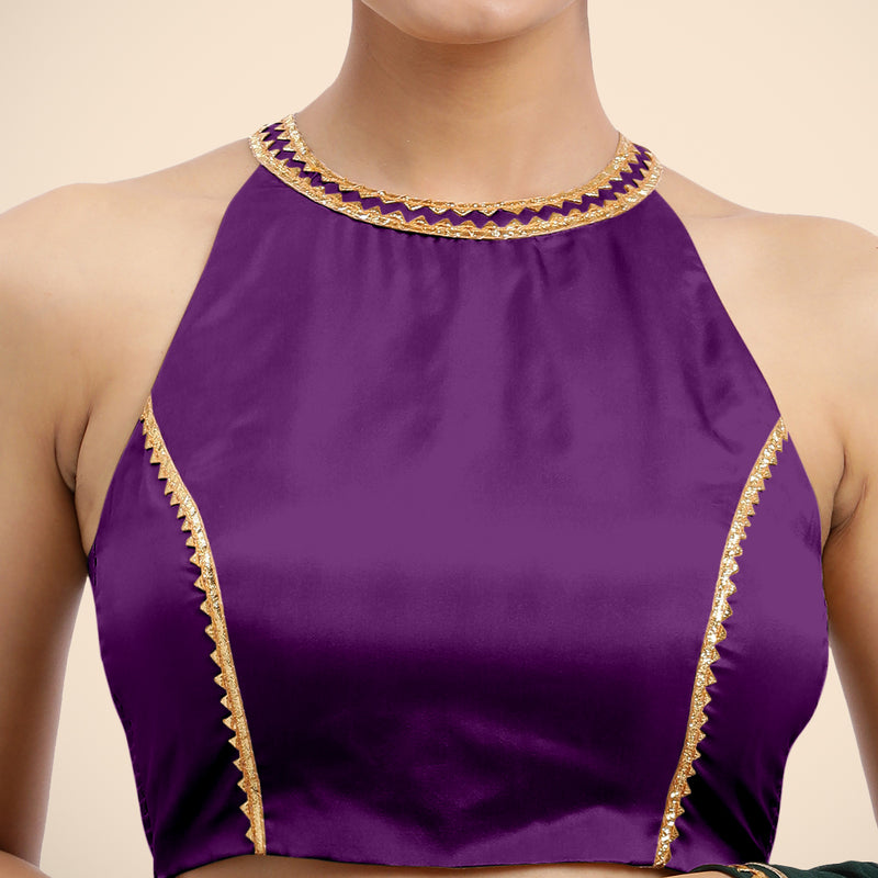 Zubeida x Tyohaar | Purple Halterneck FlexiFit™ Saree Blouse with Elegant Golden Gota Embellishment on Princess Line-Binks