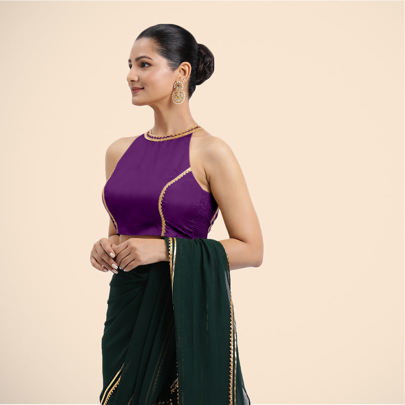 Zubeida x Tyohaar | Purple Halterneck FlexiFit™ Saree Blouse with Elegant Golden Gota Embellishment on Princess Line-Binks