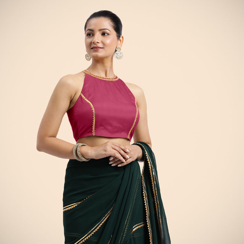Zubeida x Tyohaar | Rani Pink Halterneck FlexiFit™ Saree Blouse with Elegant Golden Gota Embellishment on Princess Line-Binks