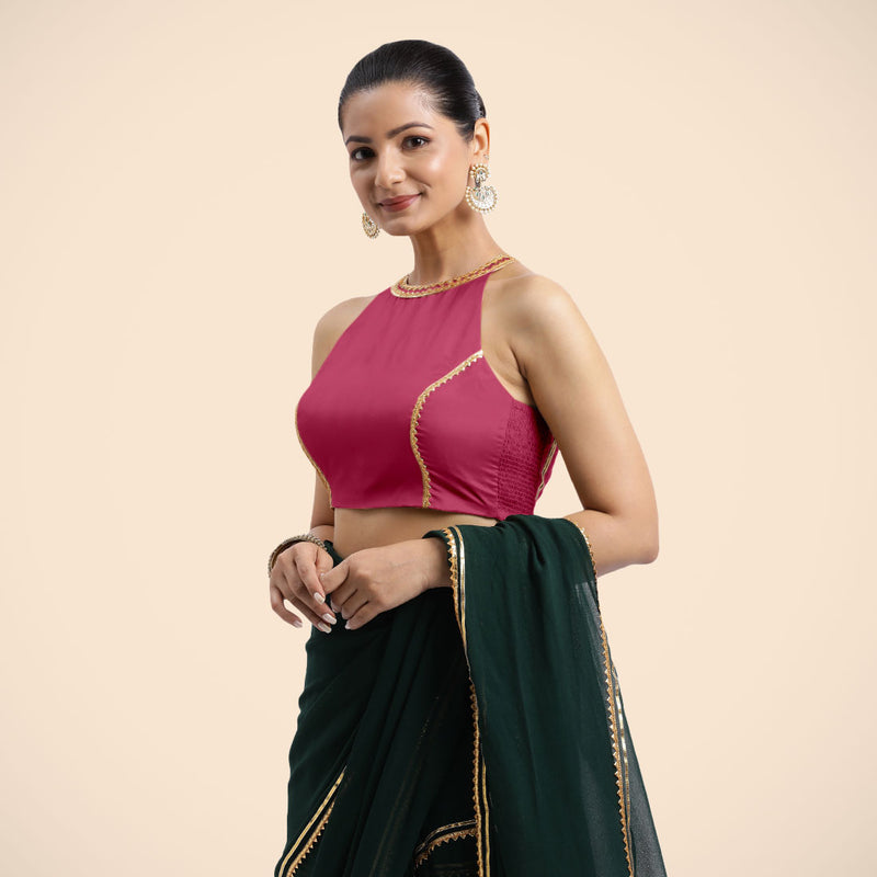 Zubeida x Tyohaar | Rani Pink Halterneck FlexiFit™ Saree Blouse with Elegant Golden Gota Embellishment on Princess Line-Binks