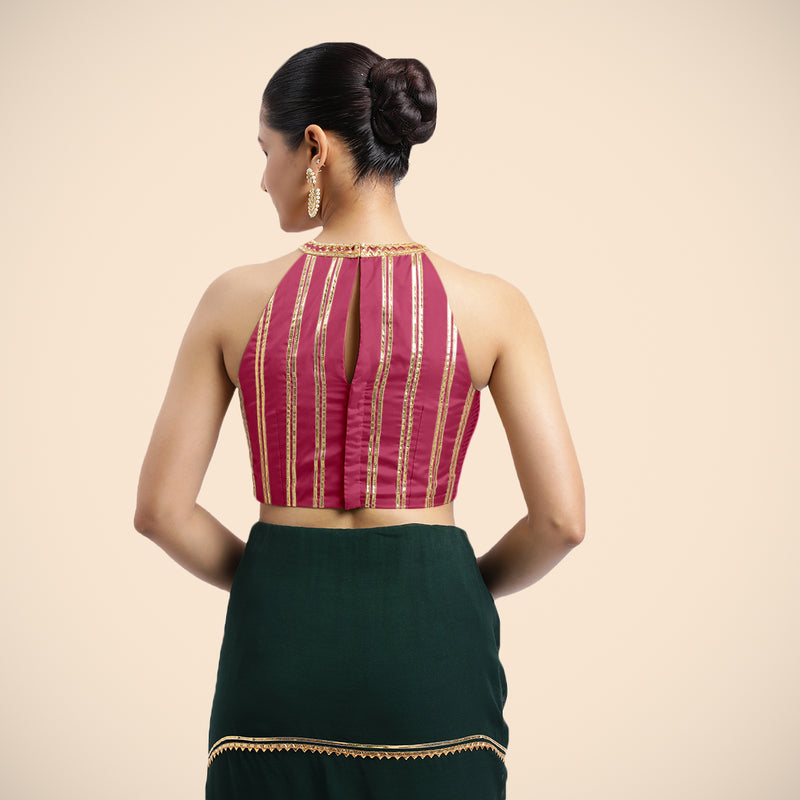 Zubeida x Tyohaar | Rani Pink Halterneck FlexiFit™ Saree Blouse with Elegant Golden Gota Embellishment on Princess Line-Binks