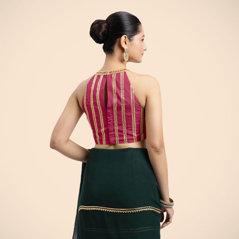 Zubeida x Tyohaar | Rani Pink Halterneck FlexiFit™ Saree Blouse with Elegant Golden Gota Embellishment on Princess Line-Binks