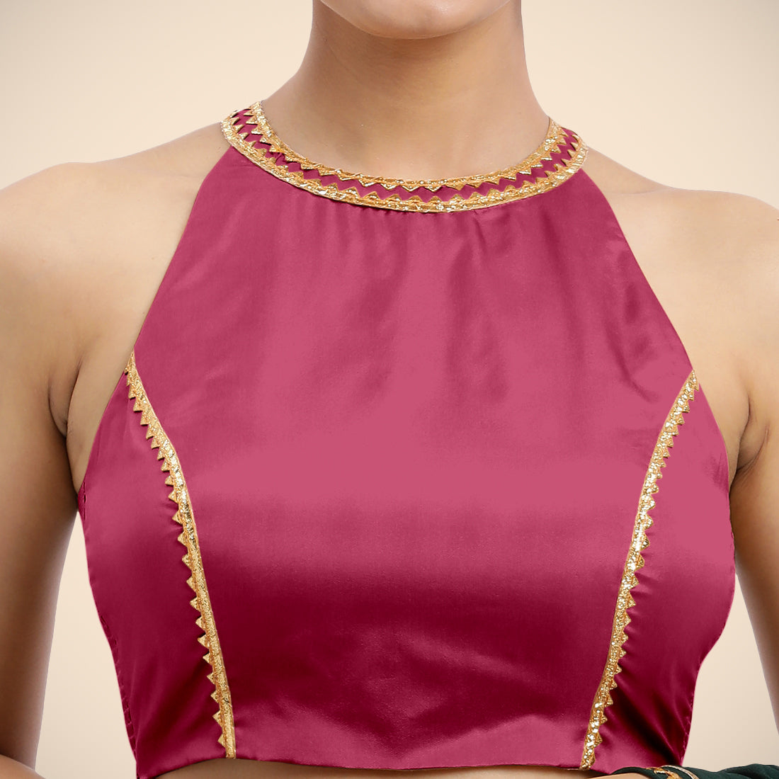 Zubeida x Tyohaar Saree Blouse, in Pink Vegan Silk, featuring sleeveless and halter neckline, made for party & festive (view 4).