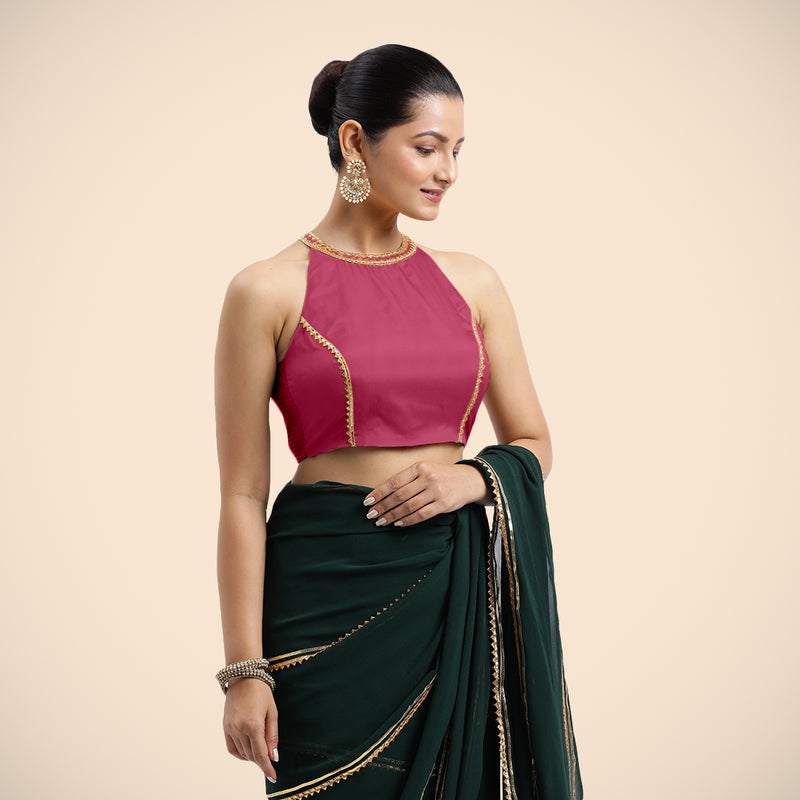 Zubeida x Tyohaar | Rani Pink Halterneck FlexiFit™ Saree Blouse with Elegant Golden Gota Embellishment on Princess Line-Binks