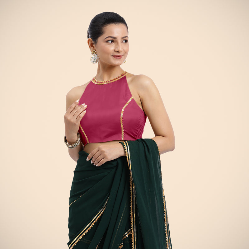 Zubeida x Tyohaar | Rani Pink Halterneck FlexiFit™ Saree Blouse with Elegant Golden Gota Embellishment on Princess Line-Binks
