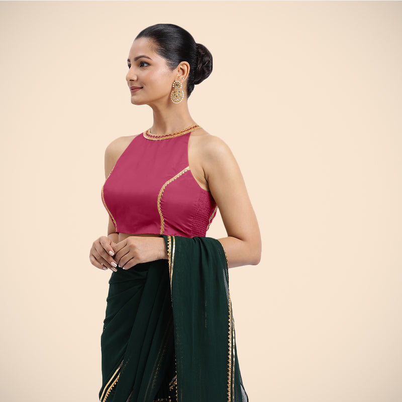 Zubeida x Tyohaar | Rani Pink Halterneck FlexiFit™ Saree Blouse with Elegant Golden Gota Embellishment on Princess Line-Binks