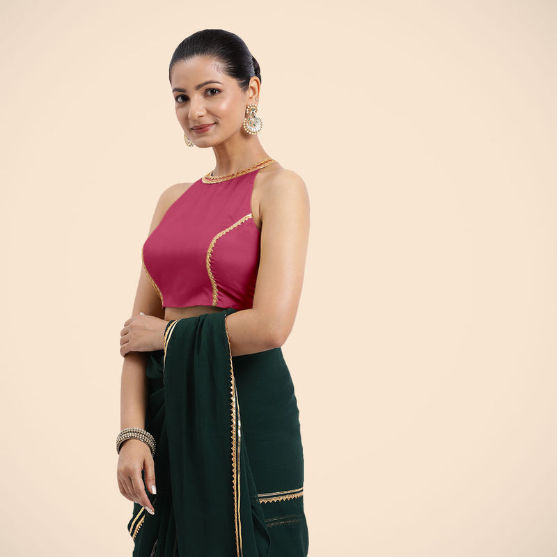 Zubeida x Tyohaar | Rani Pink Halterneck FlexiFit™ Saree Blouse with Elegant Golden Gota Embellishment on Princess Line-Binks